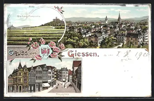 Lithographie Giessen, Gesamtansicht, Gleiberg-Panorama, Kreuzplatz