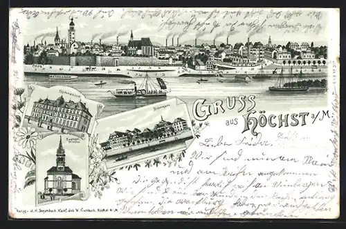 Lithographie Frankfurt-Höchst, Panorama, Evangelische Kirche, Bolongaro