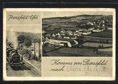 AK Pronsfeld /Eifel, Gesamtansicht, Eisenbahnzug