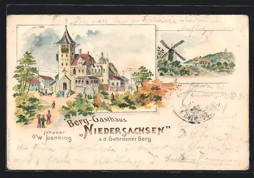 Lithographie Gehrden, Berg-Gasthaus Niedersachsen auf dem Gehrdener Berg, Ortspartie mit Windmühle