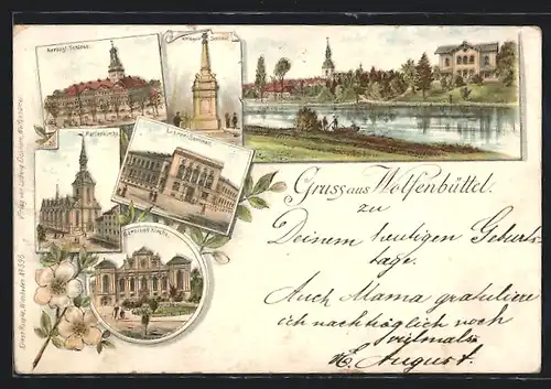 Vorläufer-Lithographie Wolfenbüttel, 1894, Herzogl. Schloss, Flusspartie, Garnisons-Kirche