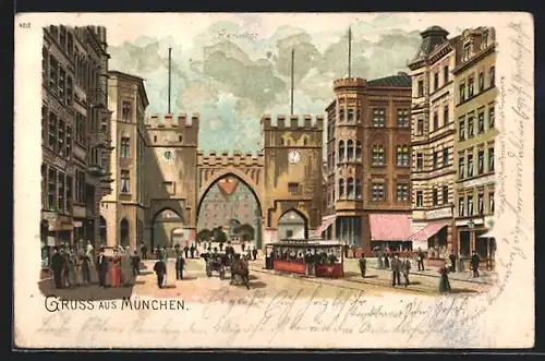 Lithographie München, Karlstor, Strassenbahn