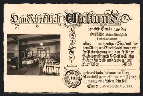 AK Essen, Gasthaus Siechen Ausschank, Handschriftliche Urkunde, Huissenallee 43