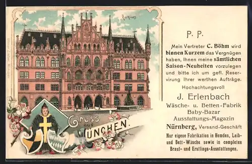 Lithographie München, Rathaus, Münchner Kindl, Wappen