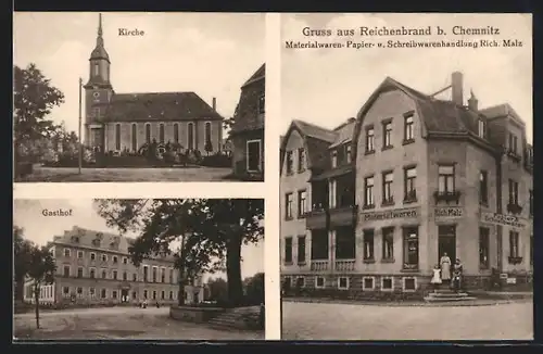 AK Reichenbrand bei Chemnitz, Materialwarenhandlung Malz, Gasthof und Kirche