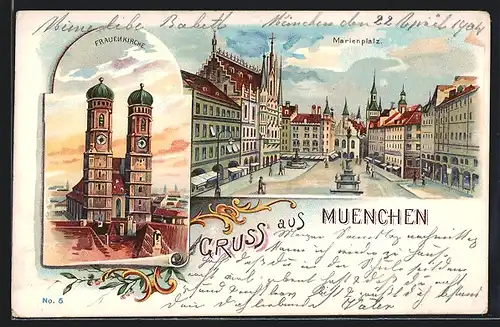 Lithographie München, Frauenkirchen, Marienplatz