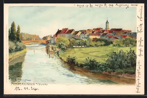 Künstler-AK Munderkingen a. Donau, Uferpartie mit Brücke