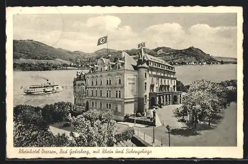 AK Bad Godesberg, Rheinhotel Dreesen mit Rhein und Siebengebirge, Dampfer, 