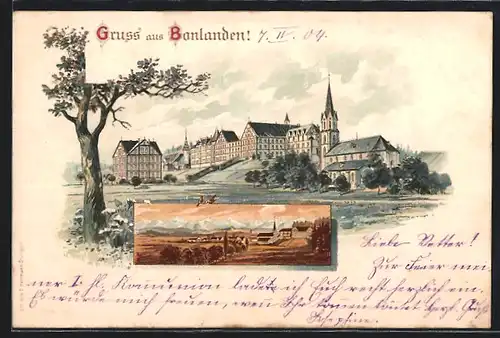 Lithographie Bonlanden, Teilansichten mit Kirche