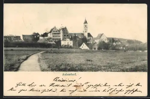 AK Aulendorf, Weg in den Ort, Gesamtansicht mit Kirche