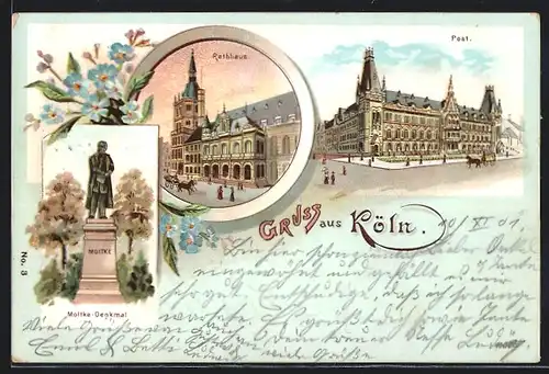 Lithographie Köln, Rathaus, Post, Moltke-Denkmal