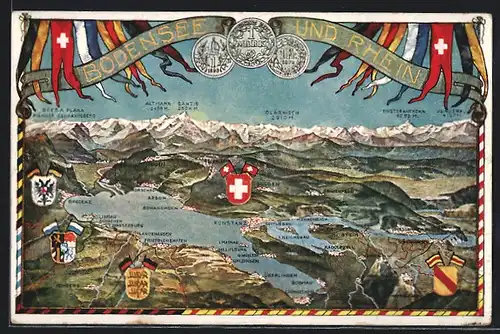 AK Uhldingen, Landkarte des Bodensees mit Umgebung