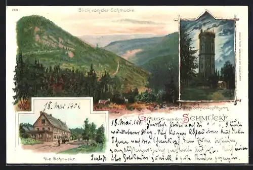 Lithographie Gehlberg, Gasthaus Schmücke, Schneekopfturm, Panorama