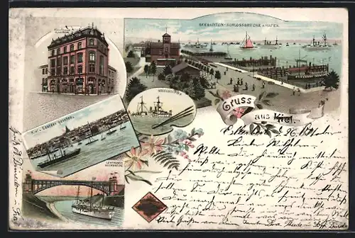 Lithographie Kiel, Kaufhaus W. Jacobsen, Seegarten-Schlossbrücke mit Hafen, Kriegsschiff