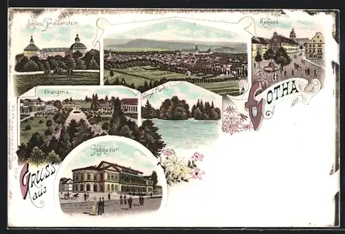 Lithographie Gotha, Orangerie, Hoftheater, Rathaus