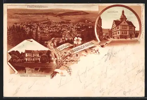 Lithographie Friedrichroda, Gesamtansicht und Rathaus