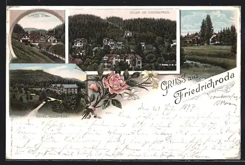 Lithographie Friedrichroda, Hotel Waldhaus, Villen am Herzogsweg