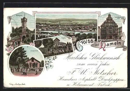 Lithographie Hameln, Rattenfängerhaus, Klütturm, Felsenkeller, Finkenborn