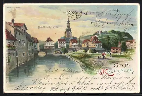 Lithographie Kreuznach, Brückenhäuser und Kauzenberg, Nachthimmel