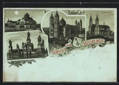 Lithographie Worms, Der Dom, Lutherdenkmal, Festspielhaus