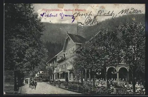 AK Bad Rippoldsau, Strassenpartie am Hotel Klösterle-Heim, Kutsche