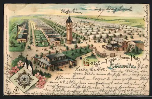 Lithographie Döberitz, Totalansicht vom Truppenübungsplatz mit Offizierscasino und Baracken