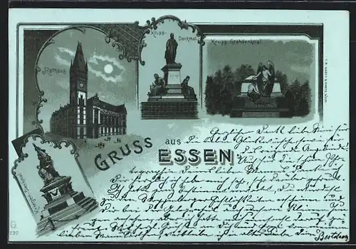 Mondschein-Lithographie Essen, Rathaus, Krupp-Denkmal, Kriegerdenkmal