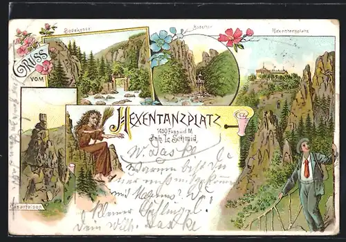 Lithographie Thale, Hexentanzplatz, Bodethor und Bodekessel