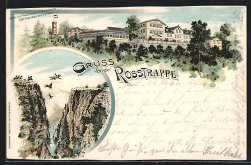Lithographie Thale, Hotel zur Rosstrappe mit Winzenburg