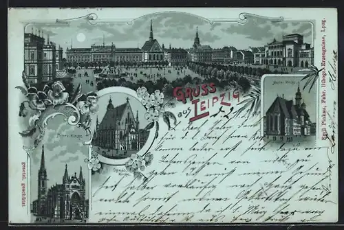 Lithographie Leipzig, Peterskirche, Thomaskirche, Nicolaikirche, Panorama