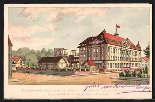 Künstler-AK Hockenheim /Baden, Blick auf Zigarrenbabrik