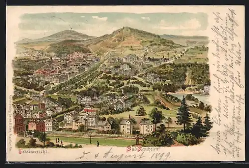 Lithographie Bad Nauheim, Totalansicht der Ortschaft