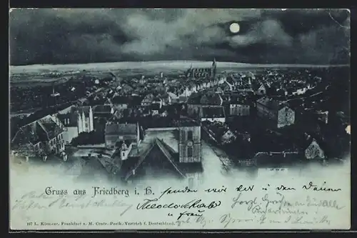 Mondschein-AK Friedberg i. H., Ortsansicht im Vollmondlicht