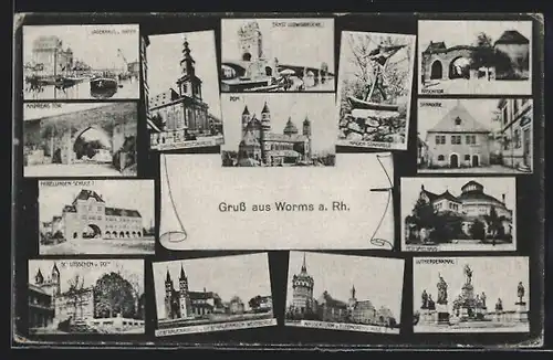 AK Worms a. Rh., Dom, Ernst Ludwigbrücke, Lagerhaus und Hafen, Hagen-Standbild