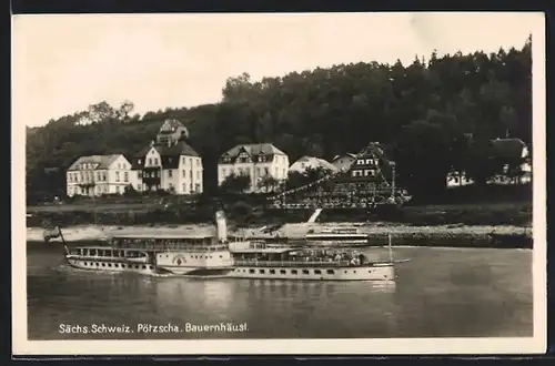 AK Pötzscha /Sächs. Schweiz, Bauernhäusl, Dampfer MS Dresden auf der Elbe