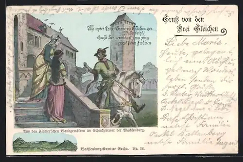 Lithographie Wachsenburg, Feste Wachsenburg, Mann auf Pferd an der Treppe mit zwei Frauen, Panorama