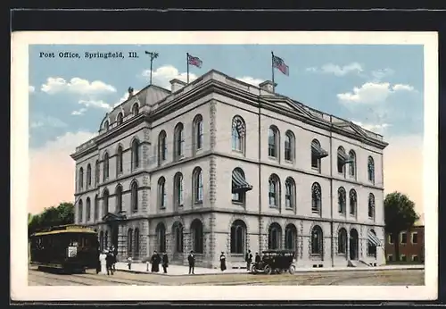 AK Springfield, IL, Post Office, Strassenbahn