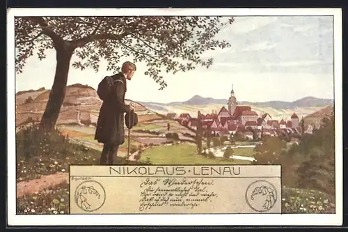 Künstler-AK Ernst Kutzer: Nikolaus Lenau, Wanderer blickt auf die gesamte Stadt