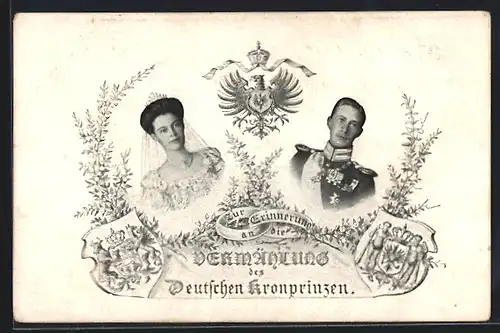 AK Vermählung Kronprinz Wilhelm von Preussen, Porträts, Wappen