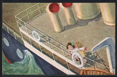 Künstler-AK H.S.B.: Kleines Paar im Sturm auf einem Dampfer