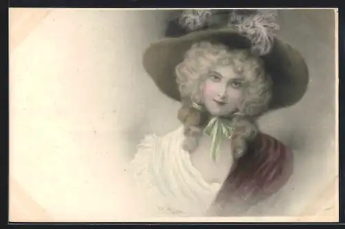 Künstler-AK Wichera, M. Munk Nr. 112: Dame mit Federhut und Rüschenkleid