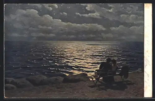 Künstler-AK sign. G. O. Kalmikow: Paar in einer Mondnacht am Meer, Russische Kunst