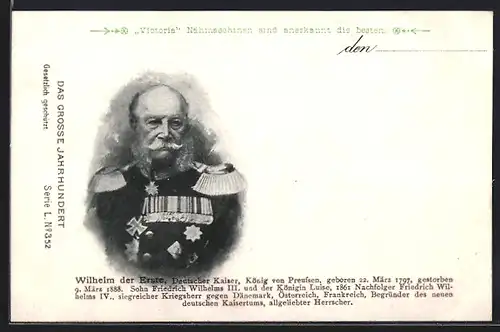 AK Kaiser Wilhelm I., Deutscher Kaiser, König von Preussen