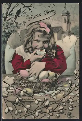 Künstler-AK Charles Scolik: Mädchen sitzt in einer Eierschale und isst Ostereier