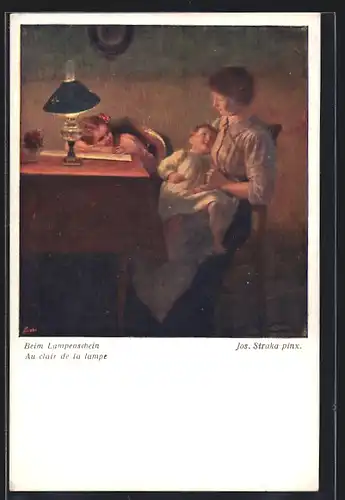 Künstler-AK Josef Straka: Mutter mit Kinder im Lampenschein am Tisch sitzend