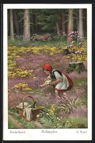 Künstler-AK Otto Kubel: Rotkäppchen pflückt im Wald Blumen für die Grossmutter