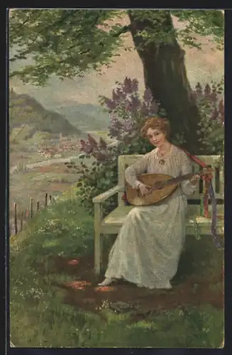 AK Frau spielt Gitarre auf einer Bank unter einem Baum