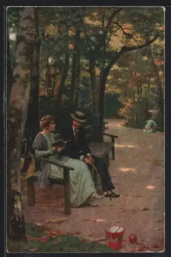 Künstler-AK sign. W. Menzler: Mann mit lesender Dame auf einer Parkbank