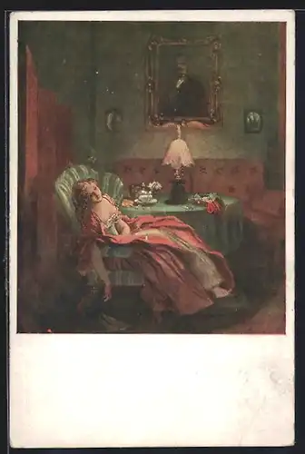 Künstler-AK sign. J. Mánes: Dame ist im Sessel eingeschlafen