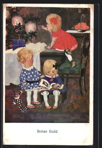 Künstler-AK sign. Sretan Bozic: Kinder mit Geschenken unter dem Weihnachtsbaum